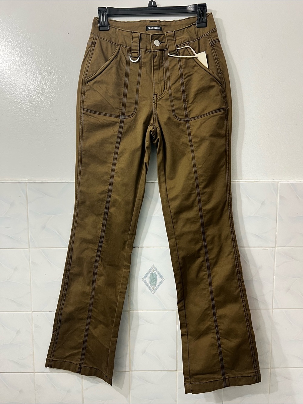 Flamingals Straight Flare Utility Carpenter Pants Women XS Brown Green Mid Rise